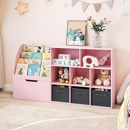 Kids Bookshelf and Toy Storage, Toy Storage Organizers with Movable Drawers & 3 Storage Bins, Kids Reading Nook Toy Organizers Shelf with 5 Cubbies, Pink