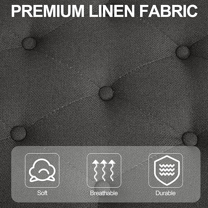 43.5'' Linen Bedroom Bench, Upholstered End of Bed Bench with Tufted Button, Padded Vintage Dining Bench, Entryway Bench with Solid Wood Legs, Kitchen, Living Room, Hallway, Dark Grey Tufted