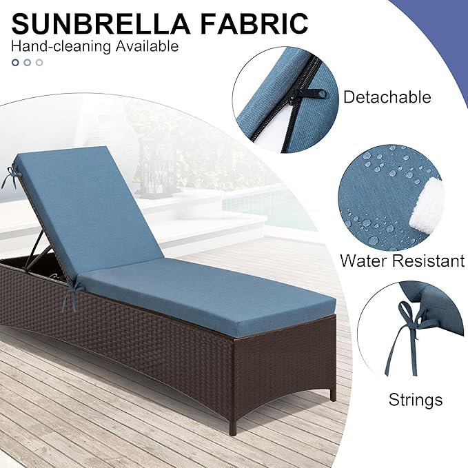 Crestlive Products Sunbrella Chaise Lounge Cushions Set of 2, Outdoor Cushions for Patio Furniture, Waterproof Lounge Chair Cushions for Pool, Deck, Lawn, 72''L x 21''W, Denim Blue