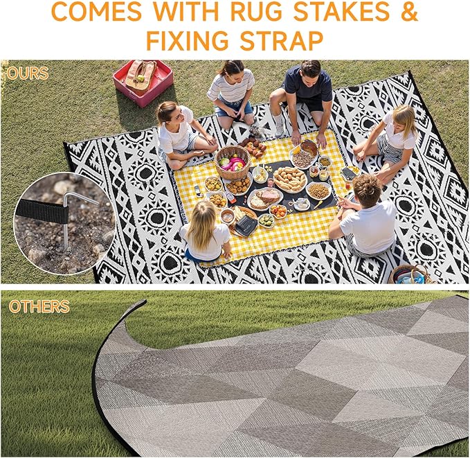 Outdoor Rug Waterproof 5x8 ft, Reversible Outdoor Plastic Straw Rug Patio Rug, RV Rugs for Outside, Outdoor Carpet for Patio Camping Deck Balcony Backyard, Black & White