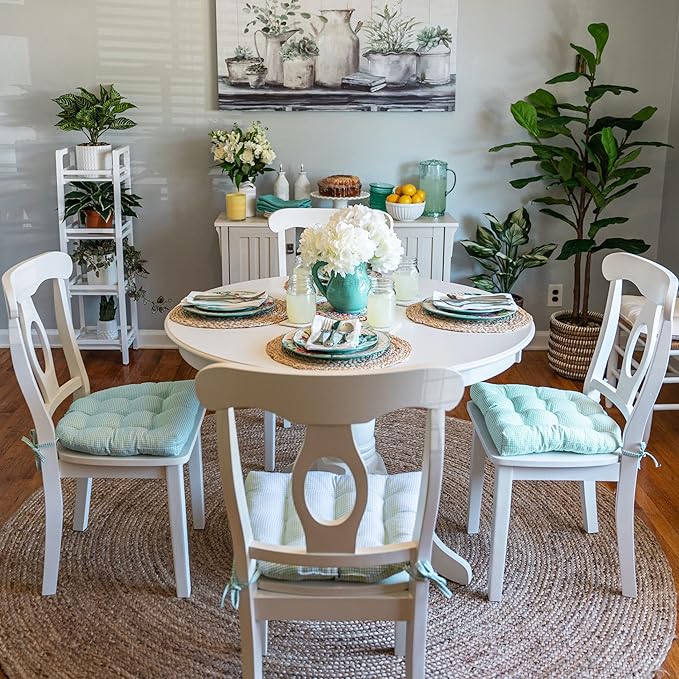 Barnett Home Decor Madrid Aqua Dining Chair Pad with Ties - Medium Size 18 Chair Cushion - Latex Foam Fill - Machine Washable, Reversible, 100% Cotton, Made in USA (Turquoise Gingham)