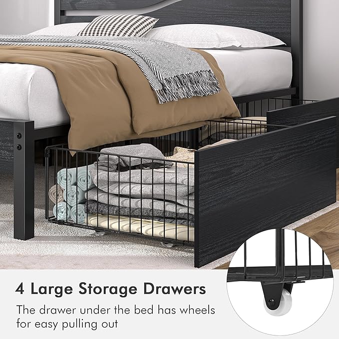 VECELO Queen Size Platform Bed Frame with 4 Drawers and Wood Storage Headboard, Heavy Duty Metal, Large Storage, Noise-Free, No Box Spring Needed, Easy Assembly, Black