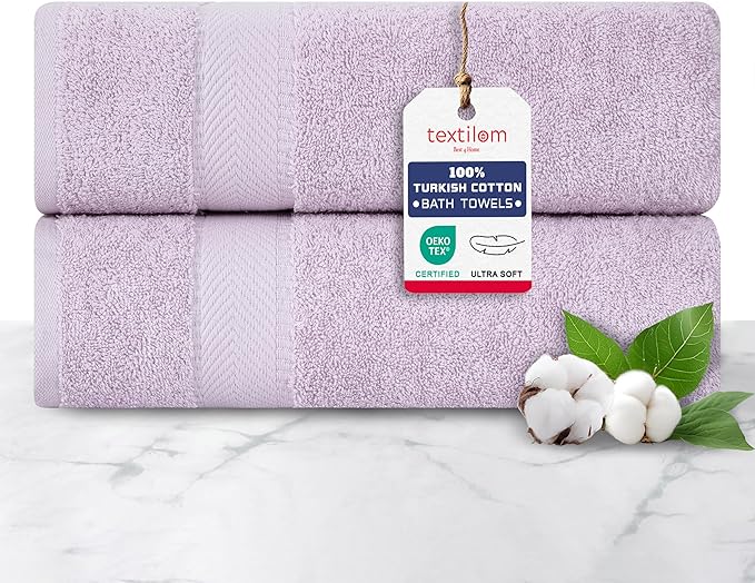 TEXTILOM 100% Turkish Cotton 2 Pcs Bath Towel Set, Luxury Bath Towels for Bathroom, Soft & Absorbent Hotel Quality Bathroom Towels Set (27 x 54 inches)- Lilac