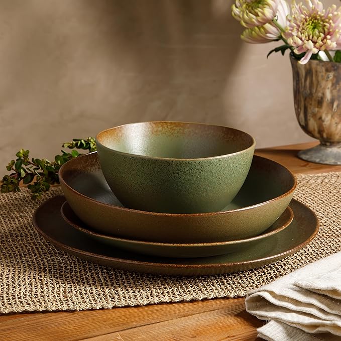 Bloomhouse - Oprah's Favorite Things - Palermo Sun Double Bowl Stoneware Reactive Glaze Plates and Bowls Dinnerware Set - Cardamom Green, Service for Four (16pcs)