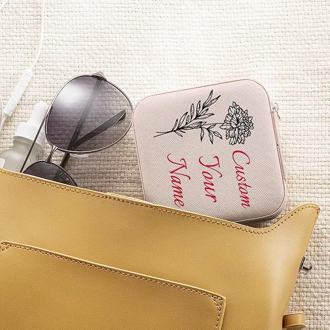 Personalized Jewelry Boxes for Women, Custom Travel Jewelry Case with Name and Birth Flower Month, Portable Jewelry Box Organizer for Mom Birthday Gifts (Pink Customizable)