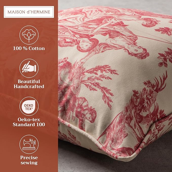 Maison d' Hermine Decorative Pillow Covers 18 x 18 Inch Square 100% Cotton Throw Pillow Covers with Invisible Zipper Cushion Case for Living Room Couch, Chair, Sofas, Bedroom, Home (The Miller - Red)