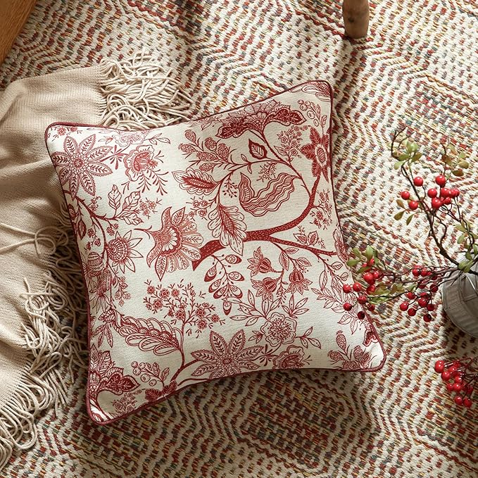 Design Linen Square Throw Pillow Covers 18"x18" Pack of 2, French Country Cushion Covers with Red Toile de Jouy Floral Pattern Decoration Pillowcases for Bed, Living Room, Outdoor, Car