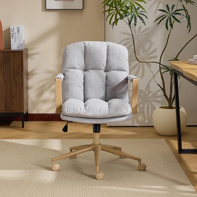 VINGLI Comfy Linen Office Desk Chair With Wheels &Detachable Cushions& Wood-like Armrests,Swivel Small Computer Task Chair,Adjustable for Girl Makeup Vanity,Teen/Kids Study,Nail Tech,Sewing,Light Grey