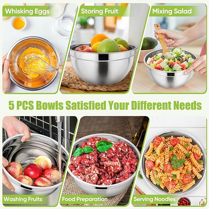 P&P CHEF Mixing Bowl with Airtight Lid Set of 5, 10-Piece Stainless Steel Nesting Salad Bowl Set for Prepping, Mixing and Serving, Size 4.6, 3, 1.5, 1, 0.7 QT, Rimmed Edges & Flat Base, Red