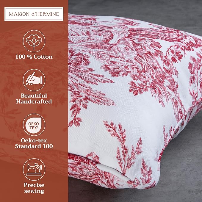 Maison d' Hermine Decorative Pillow Covers 20x20 Inch Square 100% Cotton Throw Pillow Covers with Invisible Zipper for Living Room Couch, Chair, Sofas, Bedroom, Home (The Miller - Red (White))