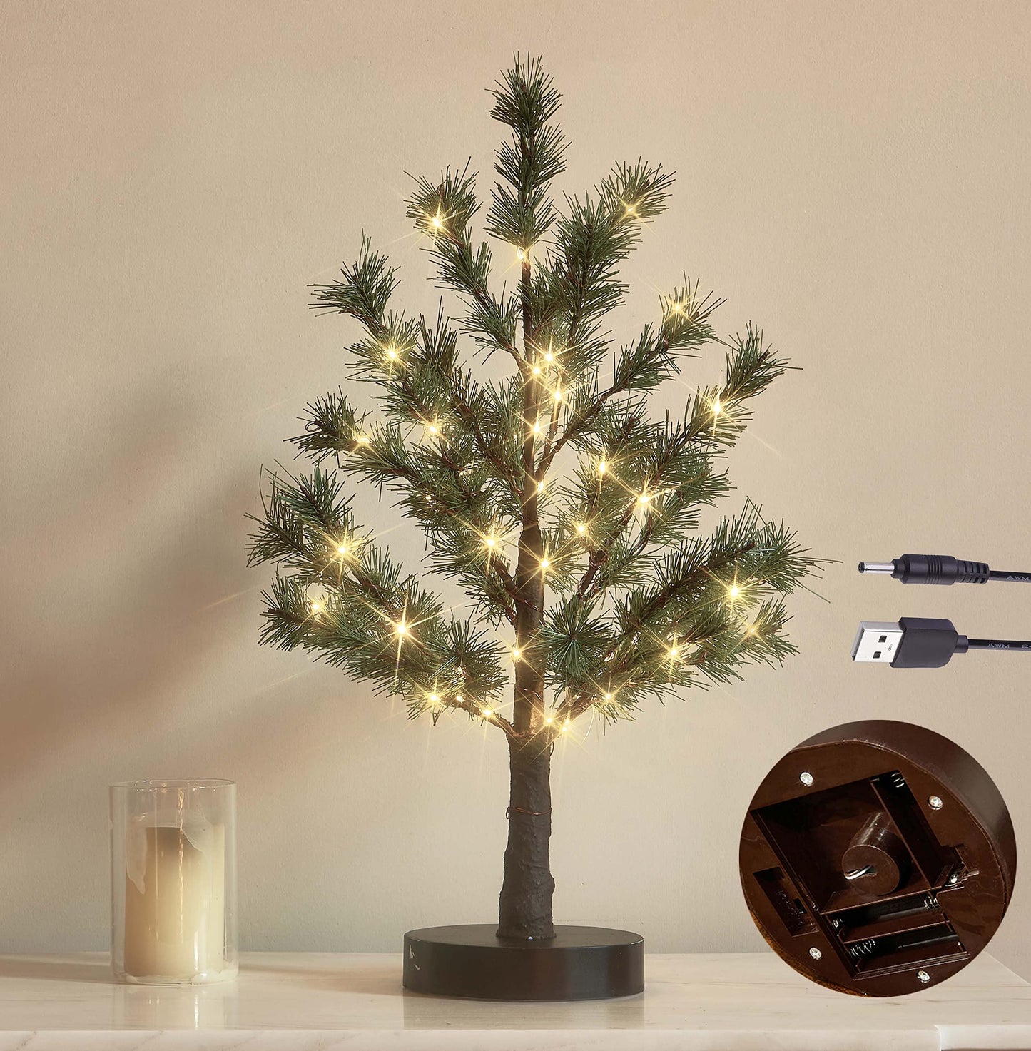 Hairui Christmas Tabletop Pine Tree Lights 60 LED 18IN Battery or USB Oprerated with Timer, Lighted Pine Tree for Home Winter Holiday Decor Indoor Use