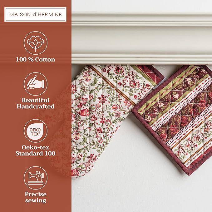 Maison d' Hermine 100% Cotton Oven Mitt & Pot Holder Set (7.5"x13" & 8"x8") Heat Resistant BBQ Cooking Gloves with Loop for Thanksgiving Christmas Decorations Handling Hot Pans (Reveillon Au Jardin)