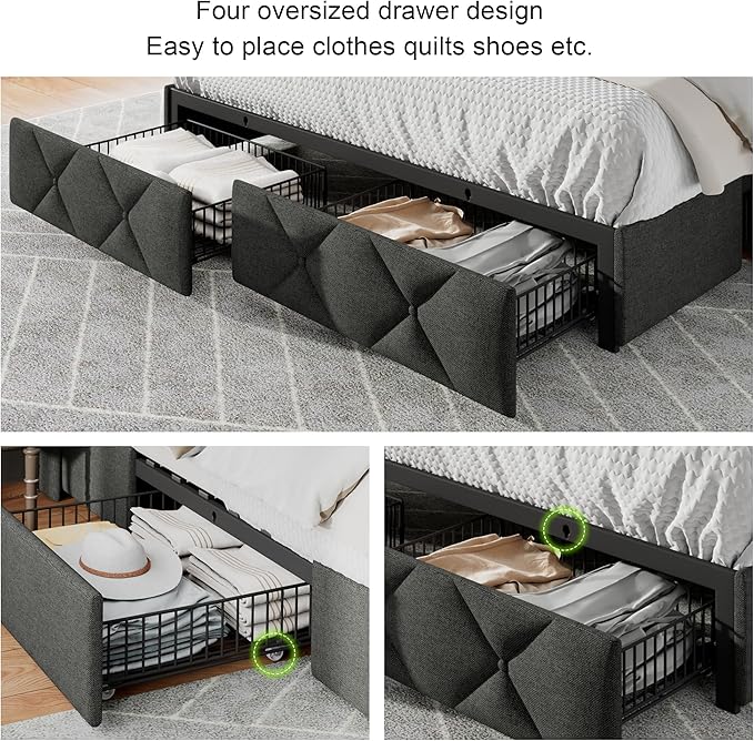 Feonase Queen Bed Frame with 4 Storage Drawers, Upholstered Button Tufted Storage Headboard with Fast Charging Station, Heavy Duty Slats Support, No Box Spring Needed, Noise-Free, Dark Grey