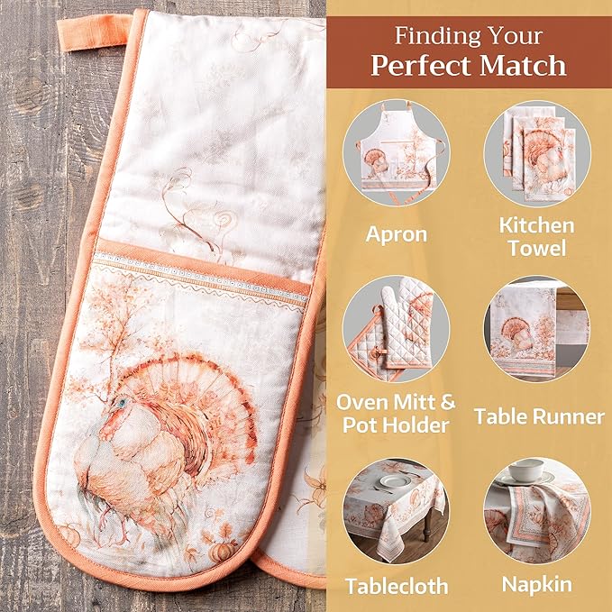 Maison d' Hermine Double Oven Mitt (7" x 35") 100% Cotton Heat Resistant BBQ Cooking Gloves with Loop for Thanksgiving Christmas Decorations Baking Cooking Barbeque Handling Hot Pan (Giving Thanks)