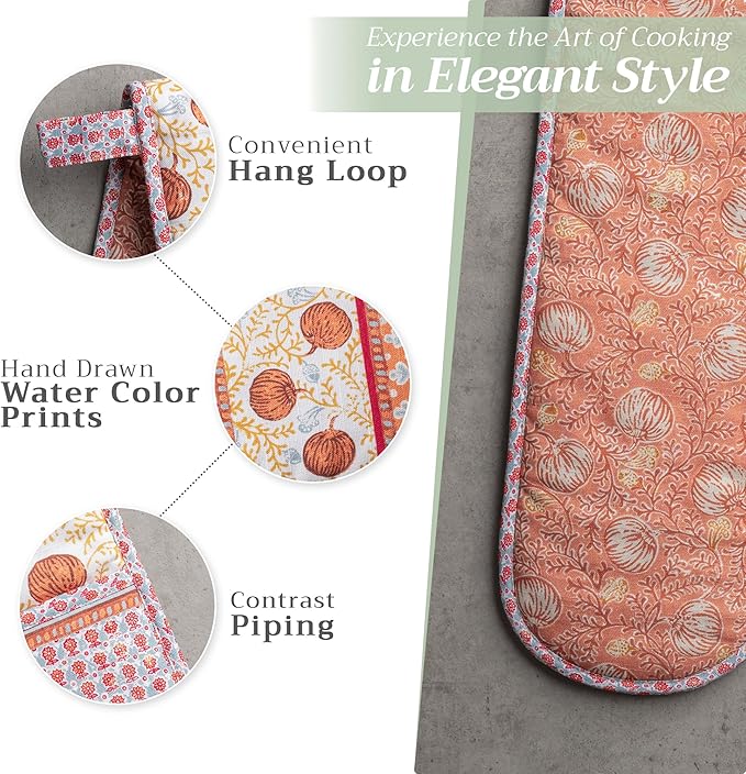Maison d' Hermine Double Oven Mitt (7" x 35") 100% Cotton Heat Resistant BBQ Cooking Gloves with Loop for Thanksgiving Christmas Decorations Baking Cooking Barbeque Handling Hot Pan (Harvest Festival)