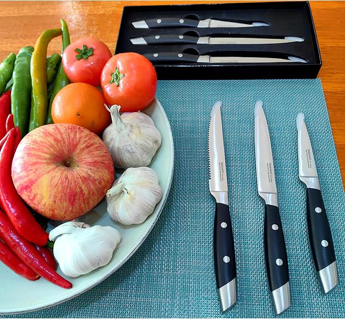 3-Piece Kitchen Knife Set,Fruit Knife Set,Precision Forged High-Carbon Stainless Steel, Black Ergonomic Handle, 3.5" & 5" Straight & Serrated Edge