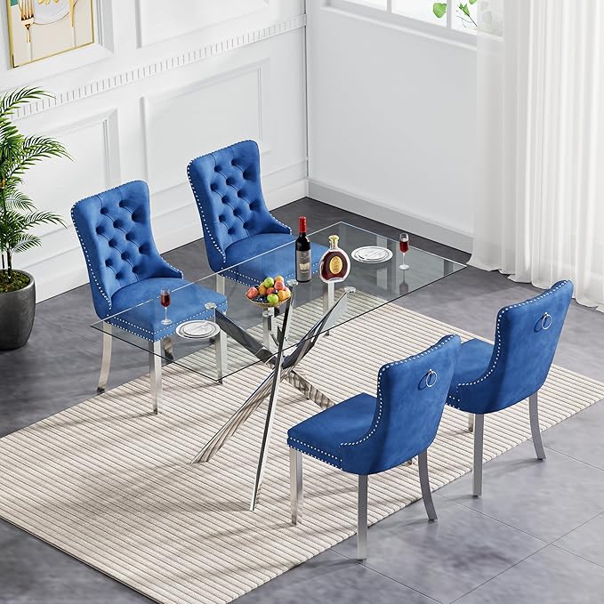 Goujxcy 5 Piece Glass Dining Table Set Modern Glass Dining Table Set for 4, 51" Rectangular Kitchen Table and 4 Velvet Upholstered Chairs for Kitchen Dining Room, Silver Table & Blue Chair
