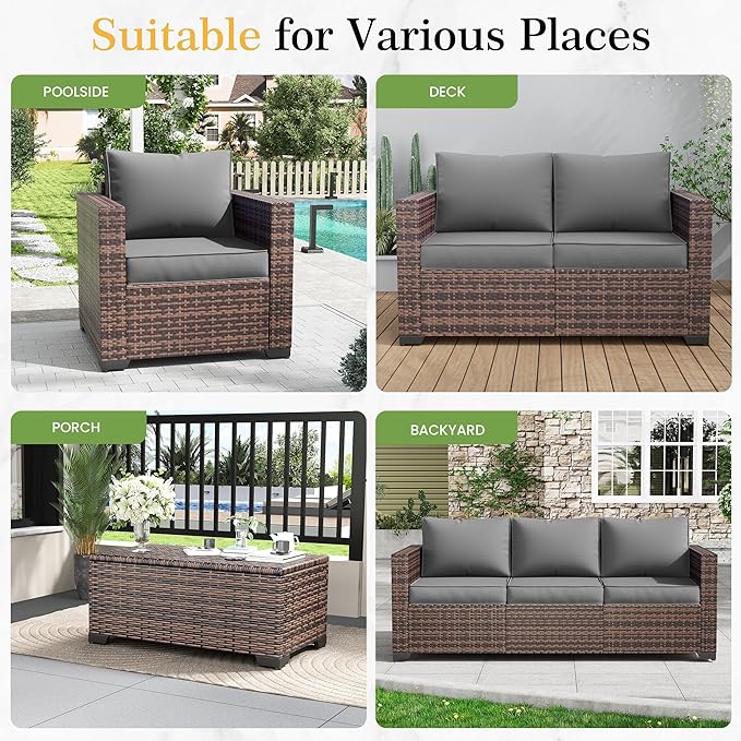 Amopatio Wicker Outdoor Sofa & Patio Couch Set - High Back Waterproof Patio Furniture Single Armrest Chair with Non-Slip Cushions, Outdoor Furniture Cover, Grey