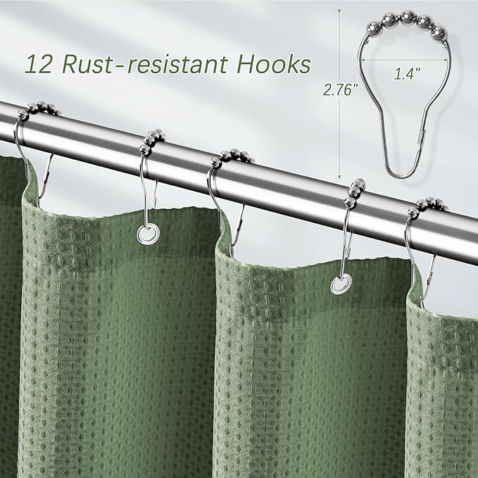 Sage Green Shower Curtain for Bathroom Waffle Textured Heavy Duty 78 Inch Shower Curtain Set for Bathroom, Water Repellent 256GSM Neutral Fabric Shower Curtains with 12 Metal Hooks, 72Wx78H