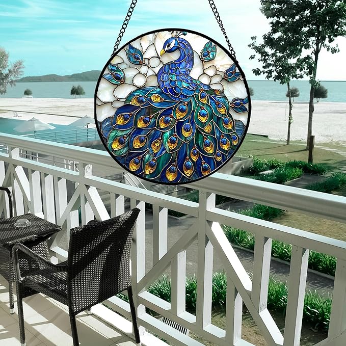 Stained Glass Window Hanging - Peacock Blue Gold Feathers Sun Catcher for Door Garden Home Decor Bird Suncatcher Christmas Mother's Day Birthday Gifts for Women Men Mom Nana 15 in