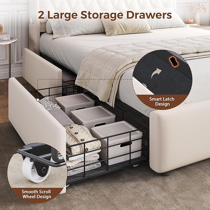 Queen LED Velvet Bed Frame with 2 Storage Drawers&Hidden Headboard, Upholstered Platform Bed with Charging Station&Button Tufted Design, Wooden Slats Support, Box Spring Optional, Easy Assembly, Beige