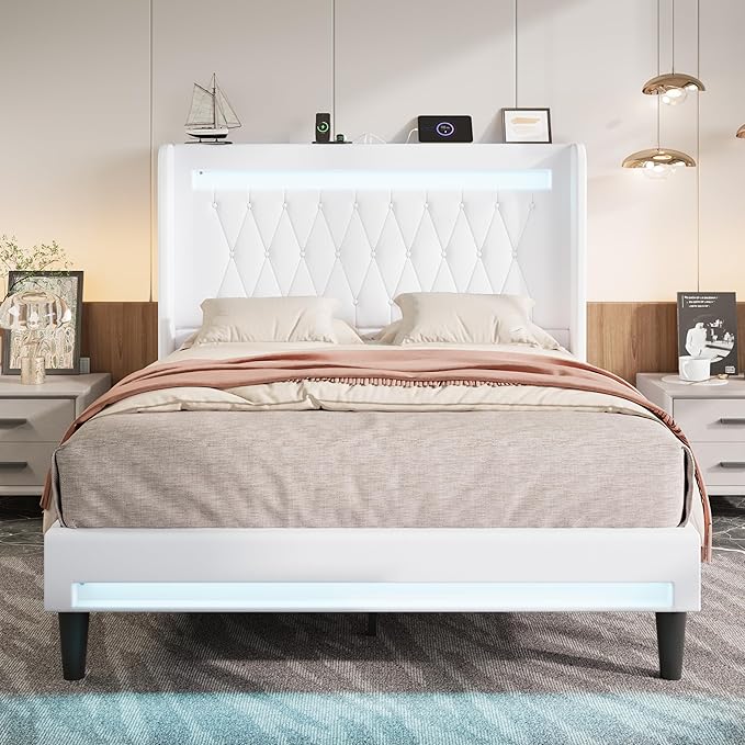 Allewie Upholstered Full Size Platform Bed Frame with LED Light and Charging Station, Button Tufted High Headboard, Wingback Design, Noise Free, Easy Assembly, No Box Spring Needed, White