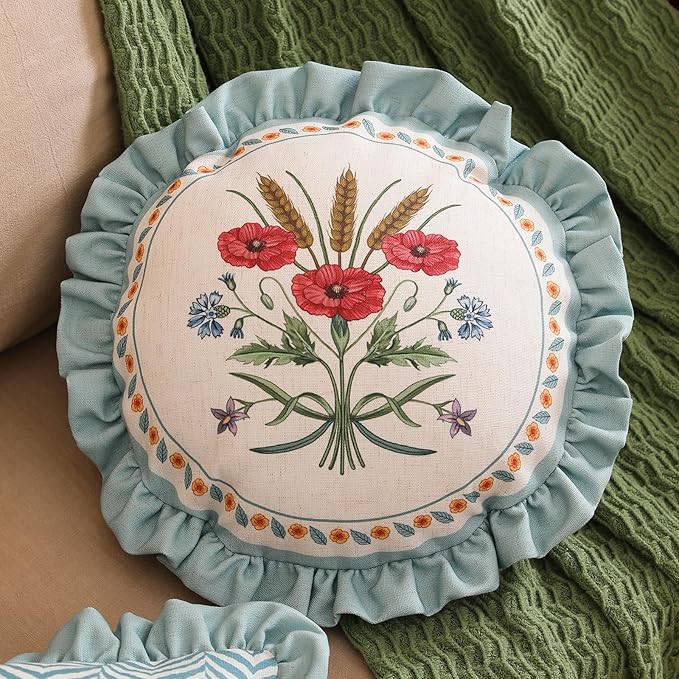 Design Linen Round Throw Pillow Covers Diameter 16", Fresh Farmhouse Cushion Covers with Red Watercolor Wildflower Pattern Decor Pillowcases for Bed,Living Room,Outdoor,Car