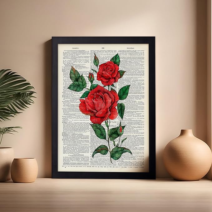 Poster Master Dictionary Art Poster - Red Roses Print - Flower Art - Floral Art - Gift for Men, Women & Florist - Minimal Decor for Living Room, Bedroom, Dorm or Flower Shop, 16x20 Black Framed