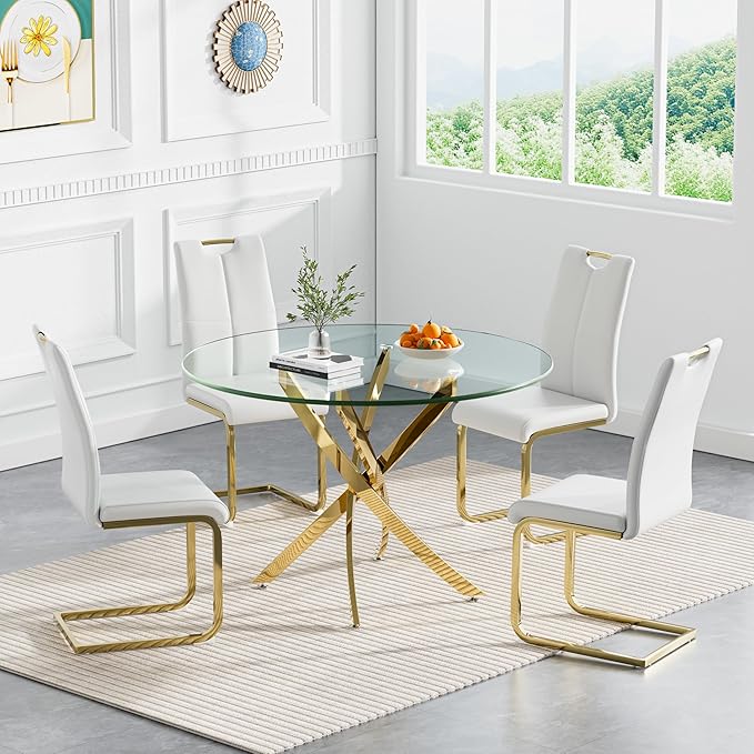 Goujxcy 5 Pieces Round Dining Table Set for 4, Modern Gold Glass Kitchen Table and Chairs for 4 with Upholstered Chairs, Circle Coffee Dining Table Set for Small Space,Apartment,Office