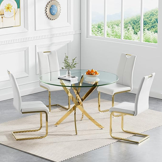 Goujxcy 5 Pieces Round Dining Table Set for 4, Modern Gold Glass Kitchen Table and Chairs for 4 with Upholstered Chairs, Circle Coffee Dining Table Set for Small Space,Apartment,Office