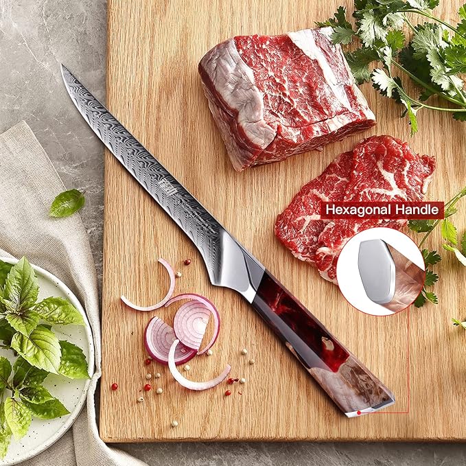 FINDKING Nebula Series Boning Knife, Versatile Deboning Knife, 10Cr15CoMov Damascus Steel Blade, Resin and Figured Sycamore Handle, Full Tang, 5.5 Inch, Red, for Skinning, Removing Fat, Filleting