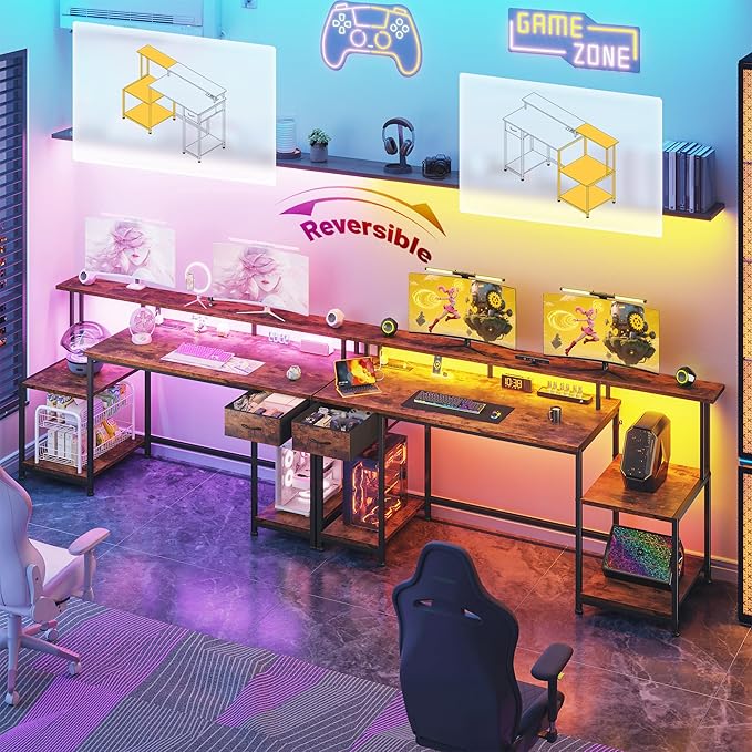 55 Inch Computer Desk with Drawer, Office Desk with Printer Storage Shelves & File Cabinet,Gaming Desk with LED & Power Outlet,Study Table with Monitor Shelf for Home Office Dorm Bedroom Rustic Brown