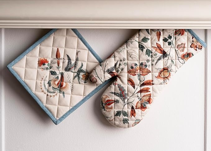 Maison d' Hermine 100% Cotton Oven Mitt & Pot Holder Set (7.5"x13" & 8"x8") Heat Resistant BBQ Cooking Gloves with Loop for Thanksgiving Christmas Decorations Handling Hot Pans (Dalida)