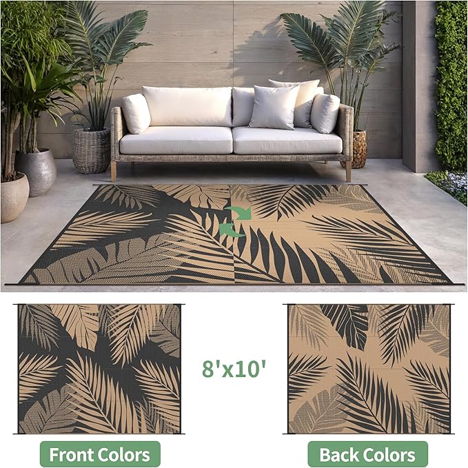 Outdoor Rug 8’x10’ Waterproof for Patio Clearance, Reversible Indoor Outdoor Plastic Straw Camping Rug Carpet, RV Mat, Large Area Rug for Deck, Backyard, Balcony, Porch, Beach, Black & Brown