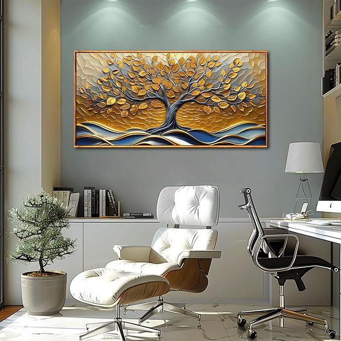 Tree Wall Art for Living Room, Gold Canvas Wall Decor for Bedroom, Picture Print Artwork, Large Size 59 x 29 Inches Framed