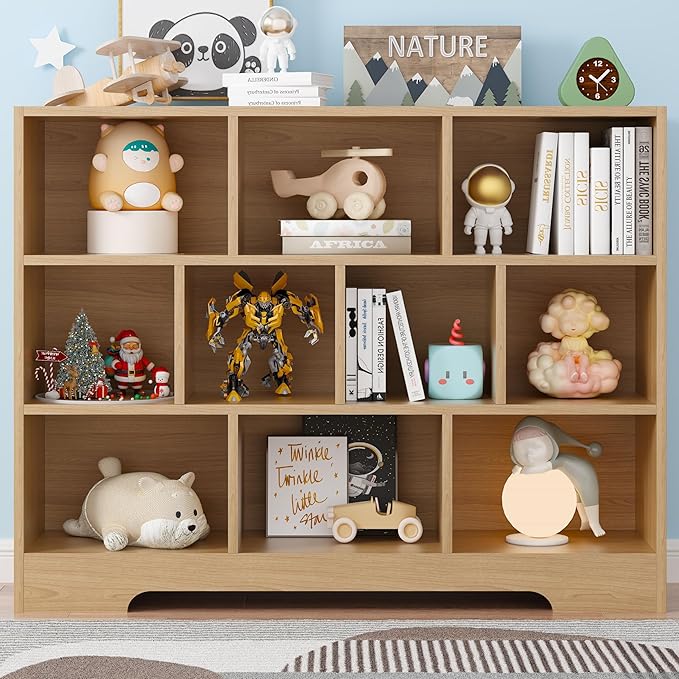 Book Shelf for Kids, 10 Cubes Storage Organizer Montessori Bookshelf, 3-Tier Wooden Kids Bookcase, Toy Storage Organizer for Children, Wooden Toddler Bookshelf Cube Shelf for Kid’s Room, Classroom