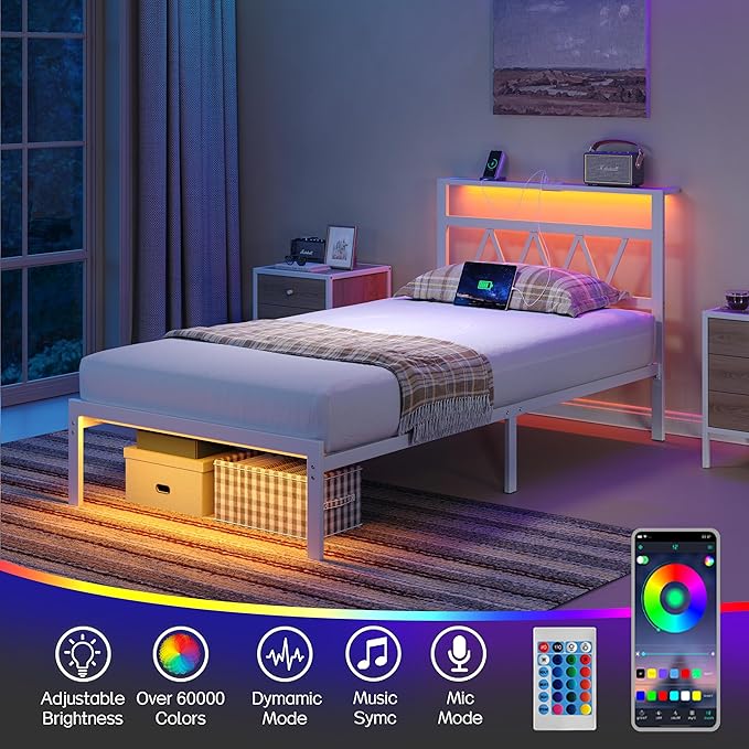 Full Bed Frame with Smart LED Lights, Storage Headboard and USB Charging Station,Heavy Duty Wooden Slats, No Box Spring Needed, Noise Free, Easy Assembly (Classic White, Twin)