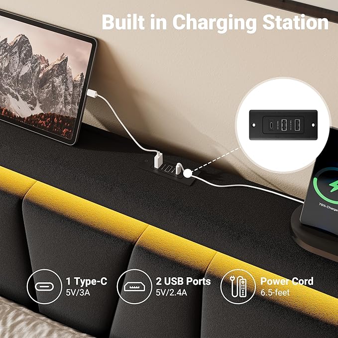 Allewie King Size LED Bed Frame with Charging Station, Velvet Upholstered Platform Bed with Geometric Wingback Headboard, Modern Frame with No Box Spring Needed, Easy Assembly, Black