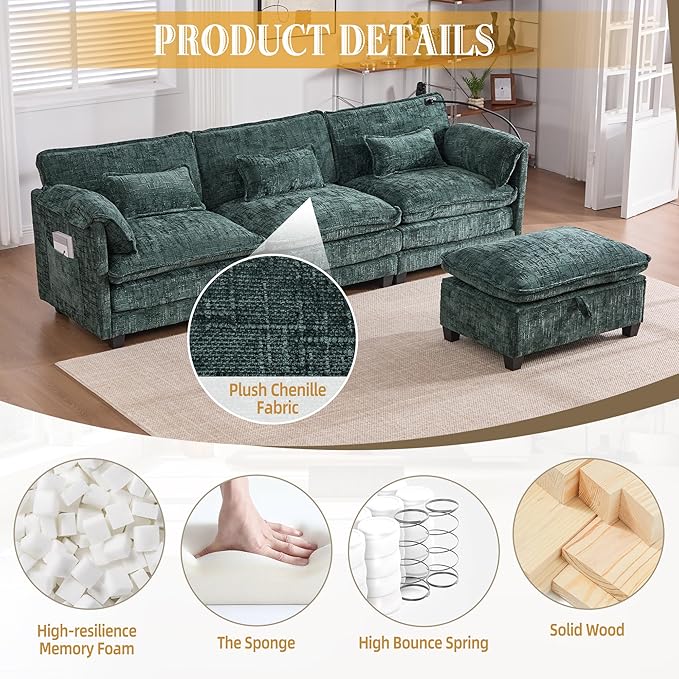 KEIKI 110" L-Shaped Boucle Modular Sectional Chenille Sofa with 1 Ottoman & Memory Foam Cushion & Phone Holder & USB, Upholstered Oversized 4-Seater Couch, Easy Assembly, for Living Room, Emerald