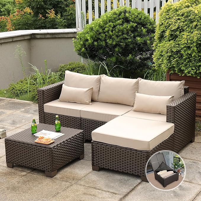 Wicker Patio Furniture Patio Couch 3 Pieces Outdoor Sectional with Ottoman and Outdoor Storage Table with Lining Weathering Anti-Slip Cushions Furniture Covers, Khaki