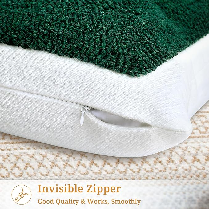 Boho Accent Pillow Covers 18x18- Tufted Abstract Modern Square Throw Pillow Covers, Farmhouse Decorative Pillowcase for Couch, Sofa, Bed, Living Room-Dark Green Khaki Red Geometric Black Leaf