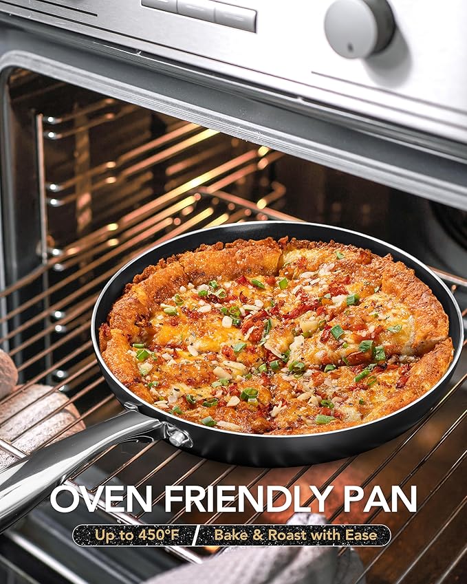 MICHELANGELO Ceramic Frying Pan - 10 Inch Frying Pan Nonstick with Lid, Non-Toxic Skillet with Stainless Steel Handle, Nonstick Skillet, Black