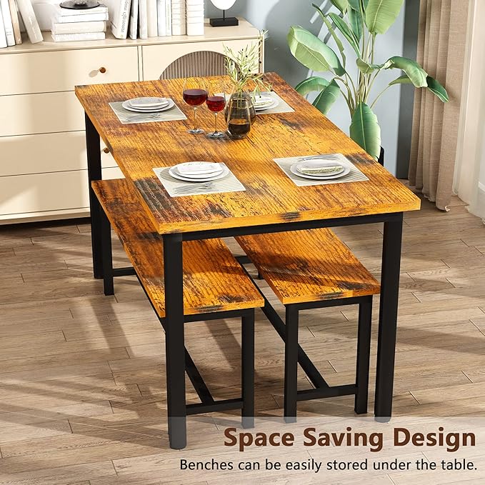 AWQM Dining Table Set with Two Benches, Kitchen Table Set for 4-6 Persons, Kitchen Table of 47.2x28.7x28.7 inches, Benches of 40.5x11.0x17.7 inches, Rustic Brown