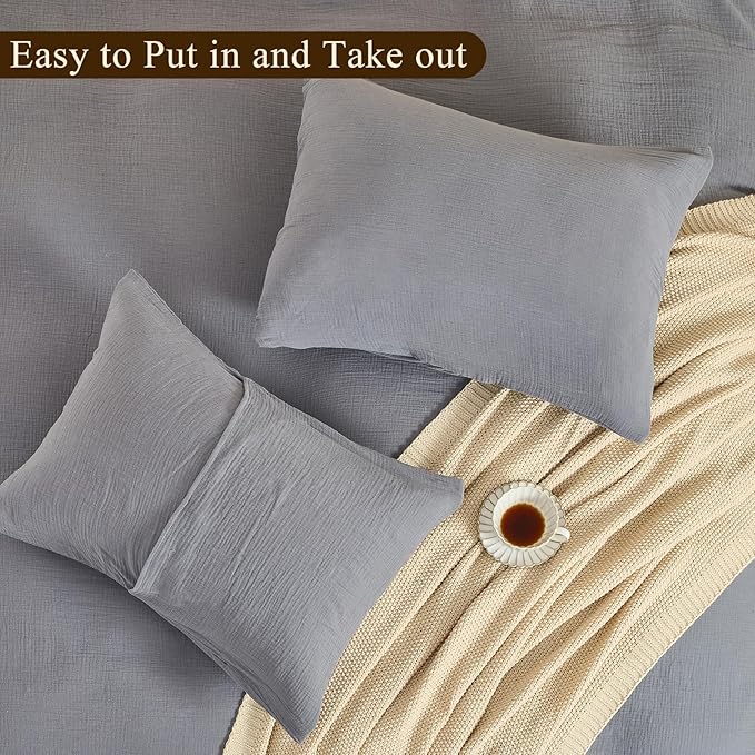 MEISHANG Muslin Duvet Cover King Size - 100% Organic Cotton, Soft Textured Gauze Weave Comforter Cover for Breathable All-Season with Zipper Closure - 3 Piece Set (King, Dark Grey)