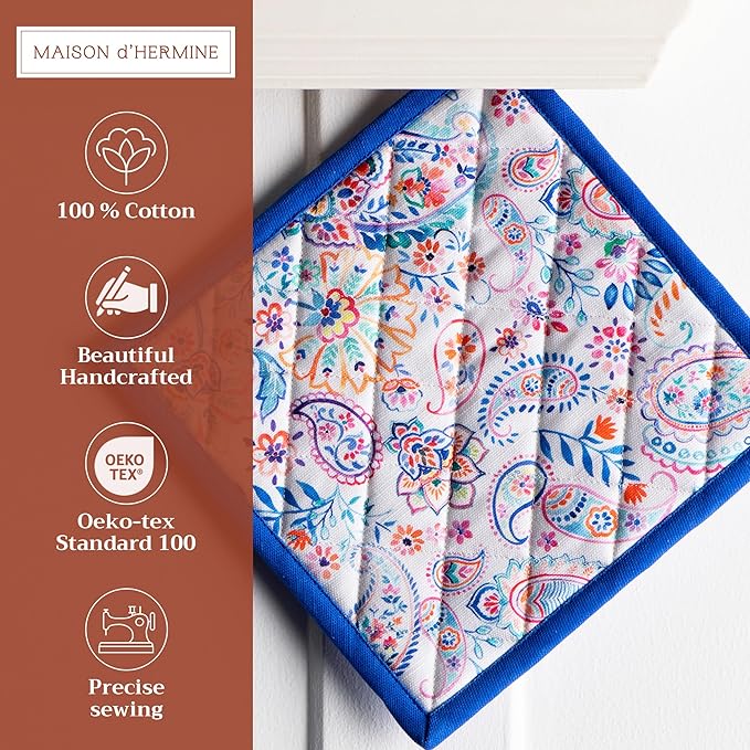 Maison d' Hermine Pot Holders Set 100% Cotton Heat Resistant Potholders 8" x 8" Hot Pads with Loop BBQ, Cooking, Baking, Grilling, Kitchen, Handling Hot Pans Spring/Summer (Pack of 2, Indian Floral)