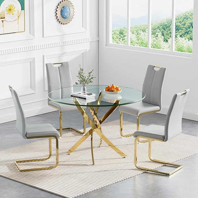 Goujxcy 5 Pieces Round Dining Table Set for 4, Modern Gold Glass Kitchen Table and Chairs for 4 with Upholstered Chairs, Circle Coffee Dining Table Set for Small Space,Apartment,Office