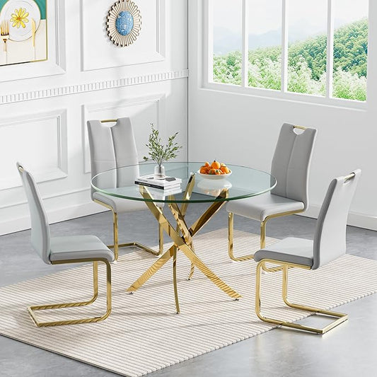 Goujxcy 5 Pieces Round Dining Table Set for 4, Modern Gold Glass Kitchen Table and Chairs for 4 with Upholstered Chairs, Circle Coffee Dining Table Set for Small Space,Apartment,Office