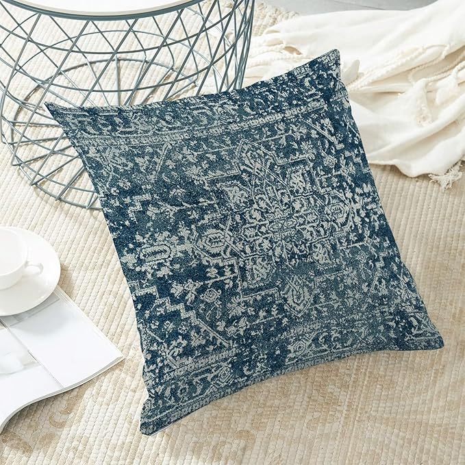 Boho Blue Throw Pillow Covers 18x18 Set of 2, Carpet Pattern Navy Blue Decorative Throw Pillow Covers Bohemia Linen Outdoor Cushion Cover for Sofa Couch Farmhouse Room Bed