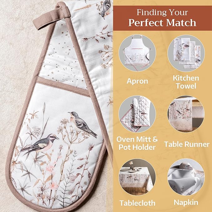 Maison d' Hermine Double Oven Mitts 100% Cotton 7"x35" Double Oven Mitt Heat Resistant BBQ Cooking Gloves with Loop, Baking, Grilling, Kitchen, Handling Hot Pans Spring Summer (Meadow Florals - Brown)