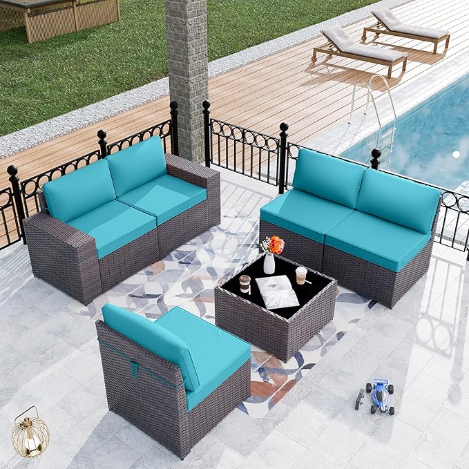 Kurapika 6 Pieces Patio Furniture Set, Rattan Wicker Outdoor Conversation Sets w/4 Inch Cushion and Glass Coffee Table(Blue)